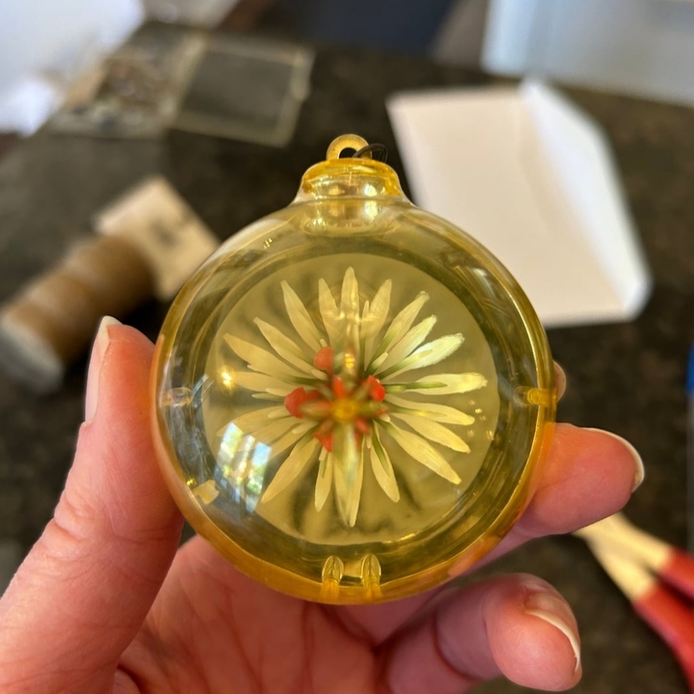 Vintage 1950's Jewel Brite Plastic Diorama Globe Christmas Ornament with Daisy